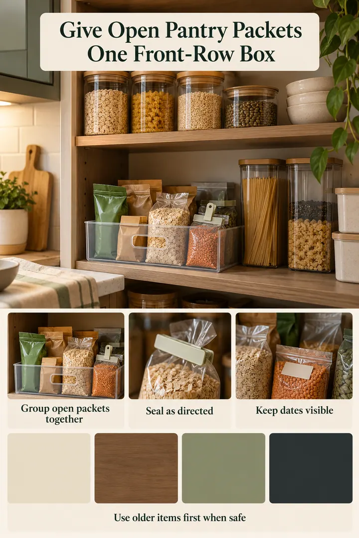 Color Palette Guide of pantry open packet box in Kitchen pantry showing group open packets together.