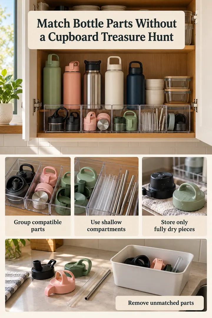Room-by-Room Visual Guide of water bottle lid sorting tray in Kitchen cupboard showing group compatible parts.