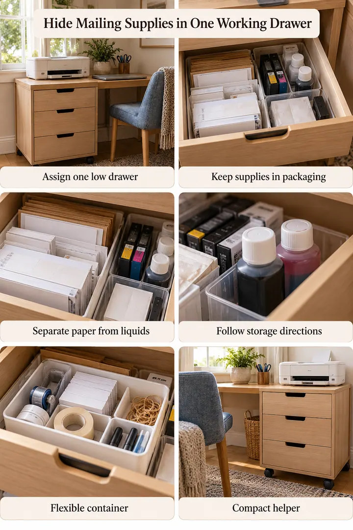 Budget Decor Catalog of home office ink and label drawer in Desk pedestal showing assign one low drawer.