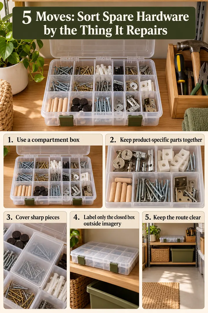 Numbered Ideas Infographic of compact repair hardware tackle box in Utility shelf showing use a compartment box.
