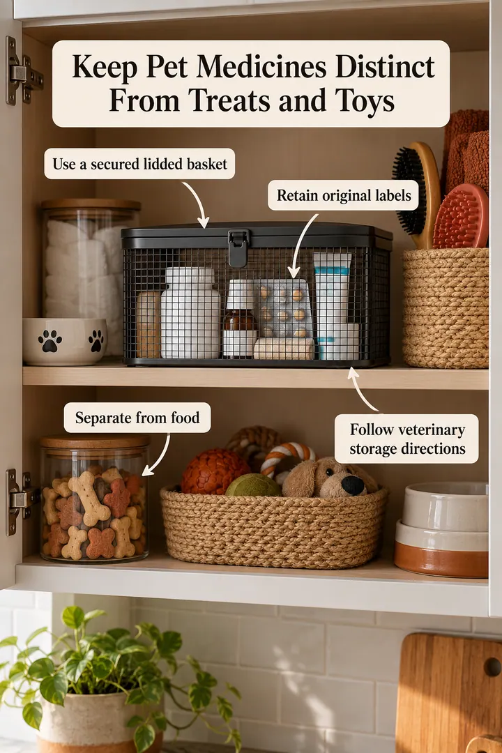 Annotated Educational Photo of pet medication secure basket in Kitchen upper cabinet showing use a secured lidded basket.