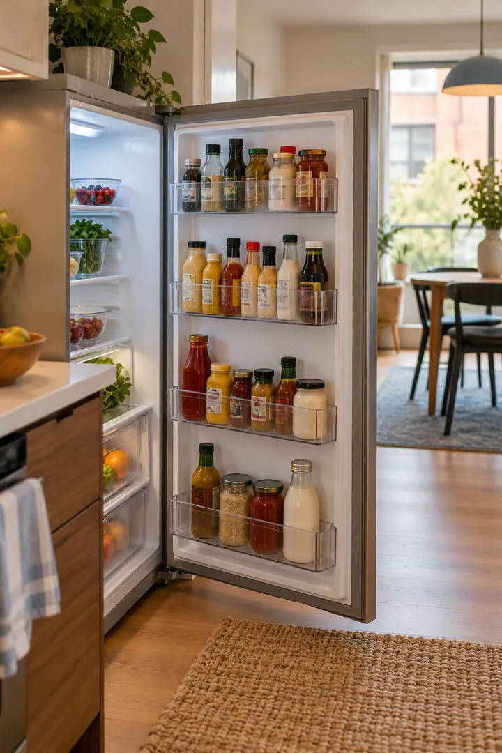 Clean Photo of fridge condiment duplicate lane in Apartment refrigerator door showing create one open-bottle lane.