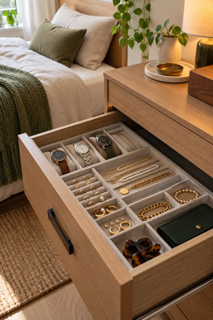 Detail/Lifestyle Photo of bedroom watch and jewelry drawer mat in Tiny bedroom showing add a soft divided mat.