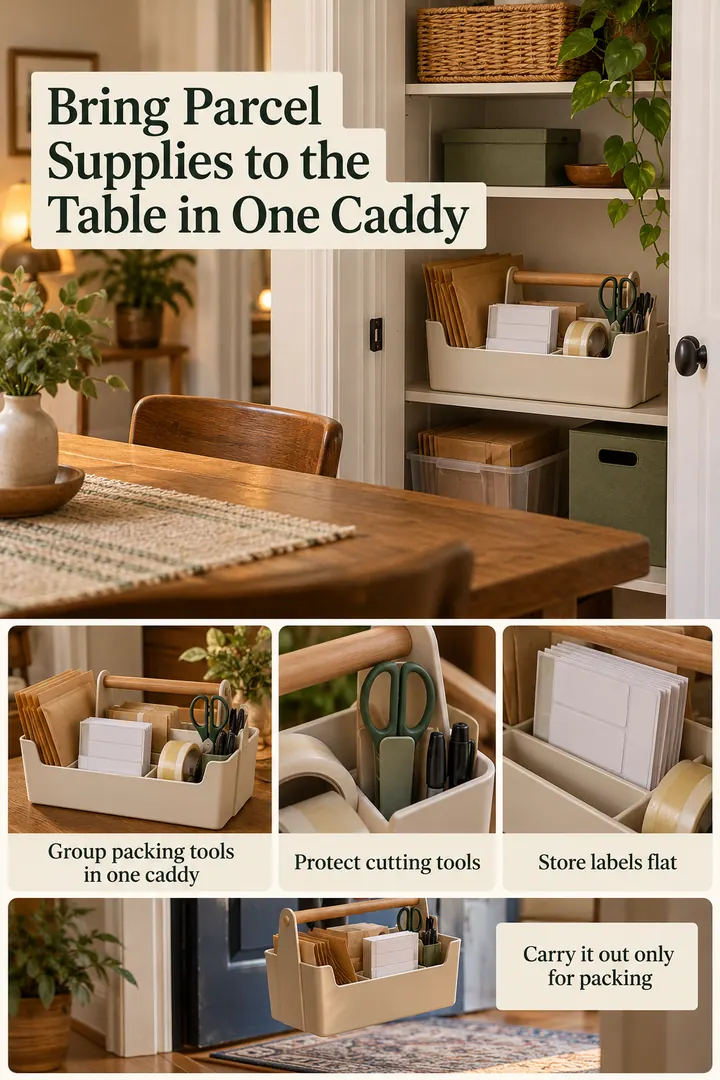 Editorial Educational Collage of outgoing parcel supply caddy in Hall closet showing group packing tools in one caddy.