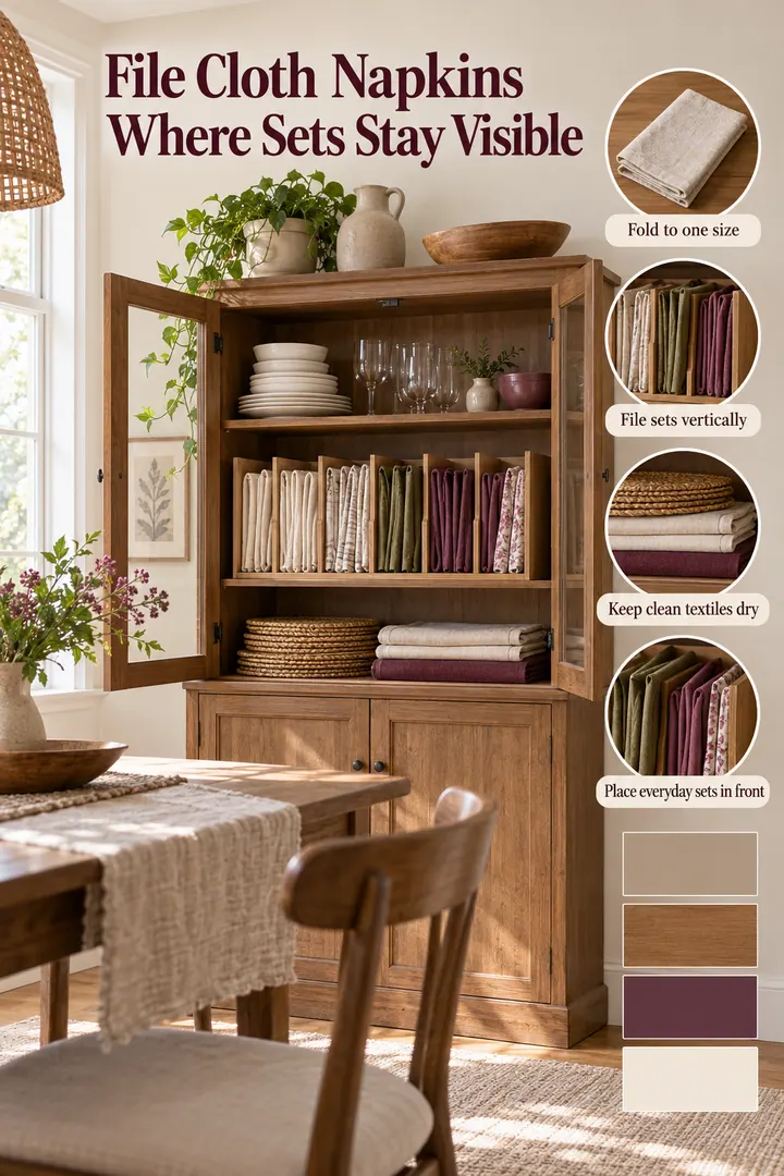 Color Palette Guide of cloth napkin upright file in Dining hutch showing fold to one size.