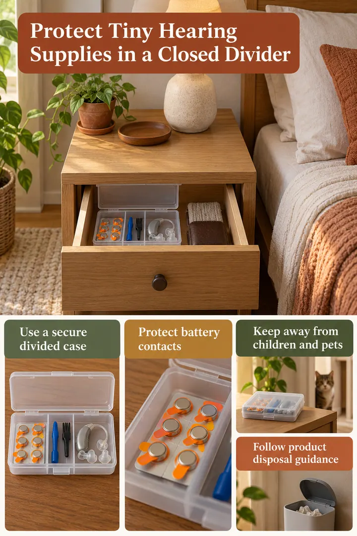 Room-by-Room Visual Guide of hearing aid battery safety drawer in Bedside cabinet showing use a secure divided case.