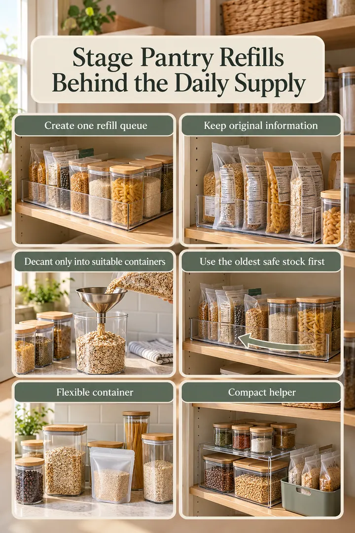 Budget Decor Catalog of pantry bulk refill decant queue in Kitchen pantry showing create one refill queue.