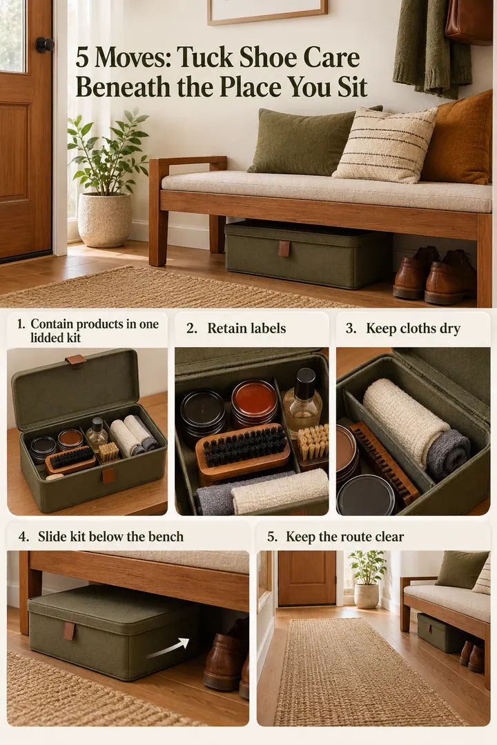 Numbered Ideas Infographic of shoe care kit under bench in Narrow hallway showing contain products in one lidded kit.