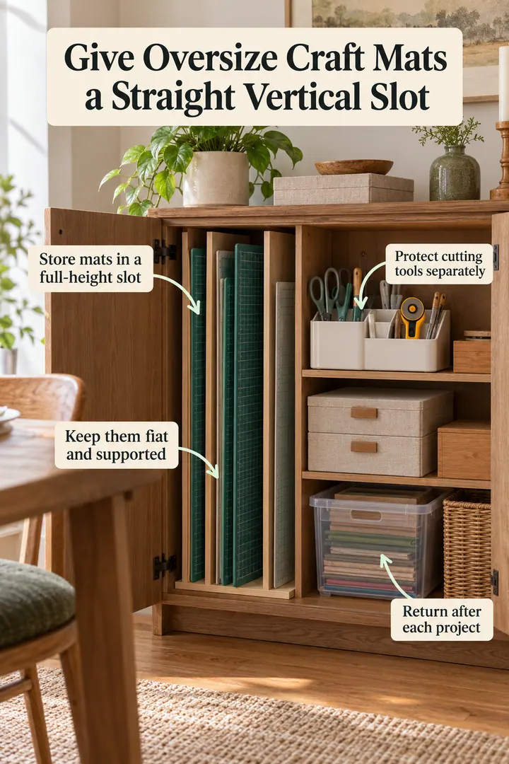 Annotated Educational Photo of craft cutting mat vertical slot in Dining-room hobby cabinet showing store mats in a full-height slot.