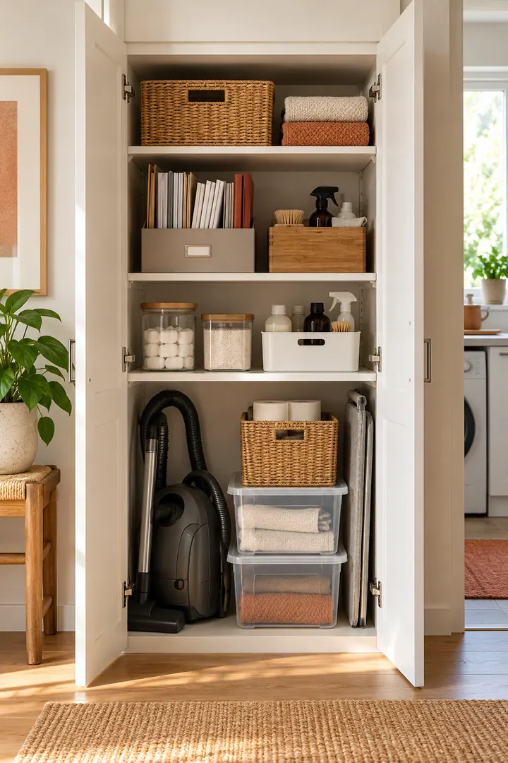 Clean Photo of cabinet instruction manual folder in Utility cupboard showing keep current manuals together.