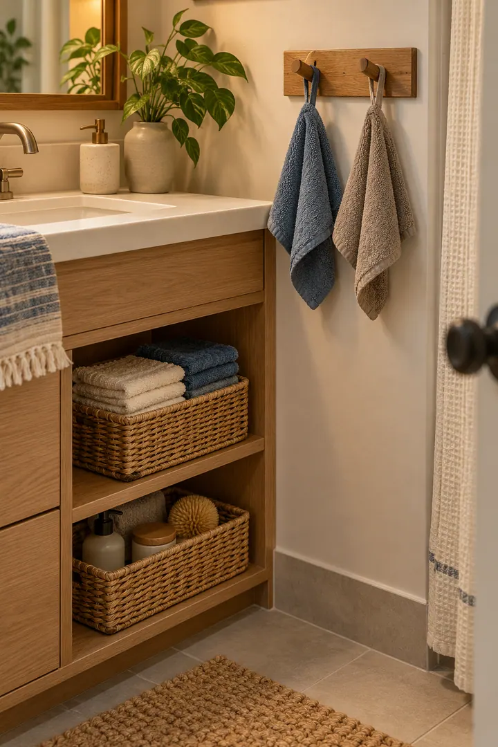 Detail/Lifestyle Photo of bathroom washcloth clean-use cycle in Small bathroom showing stack clean cloths in one open basket.