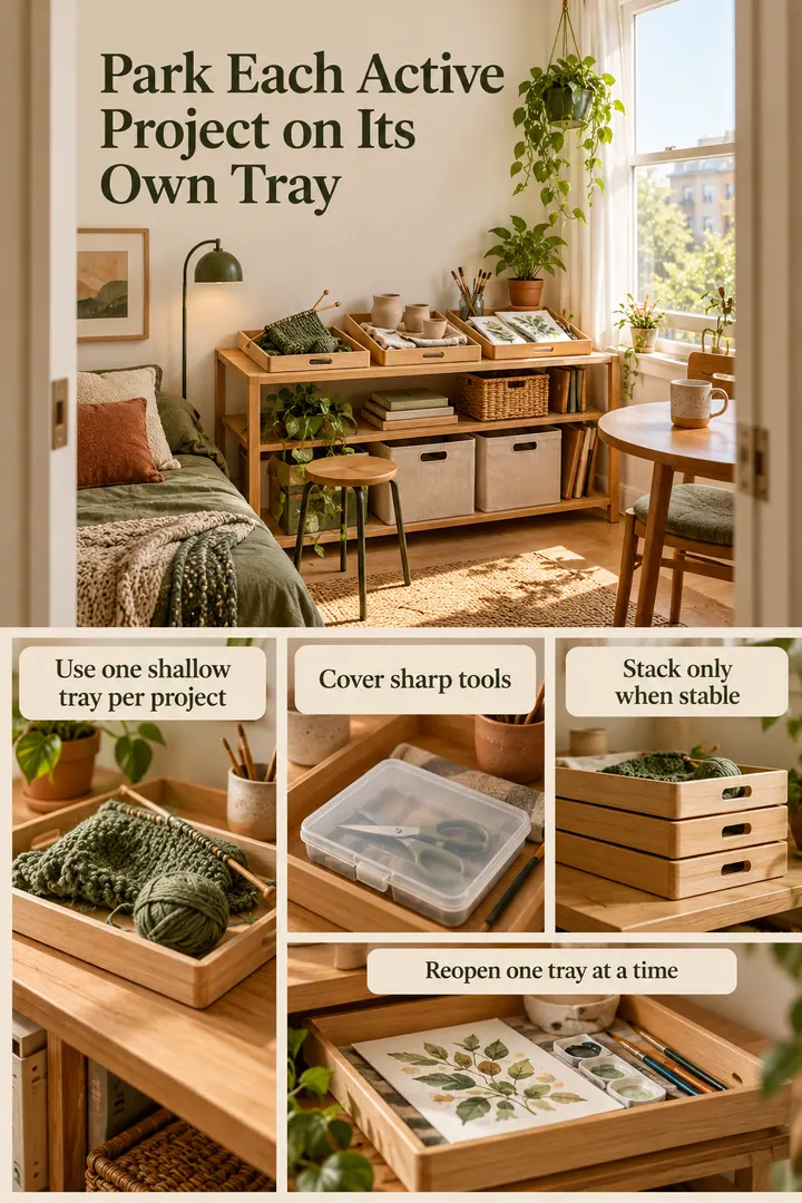 Editorial Educational Collage of studio hobby project parking trays in Studio living zone showing use one shallow tray per project.