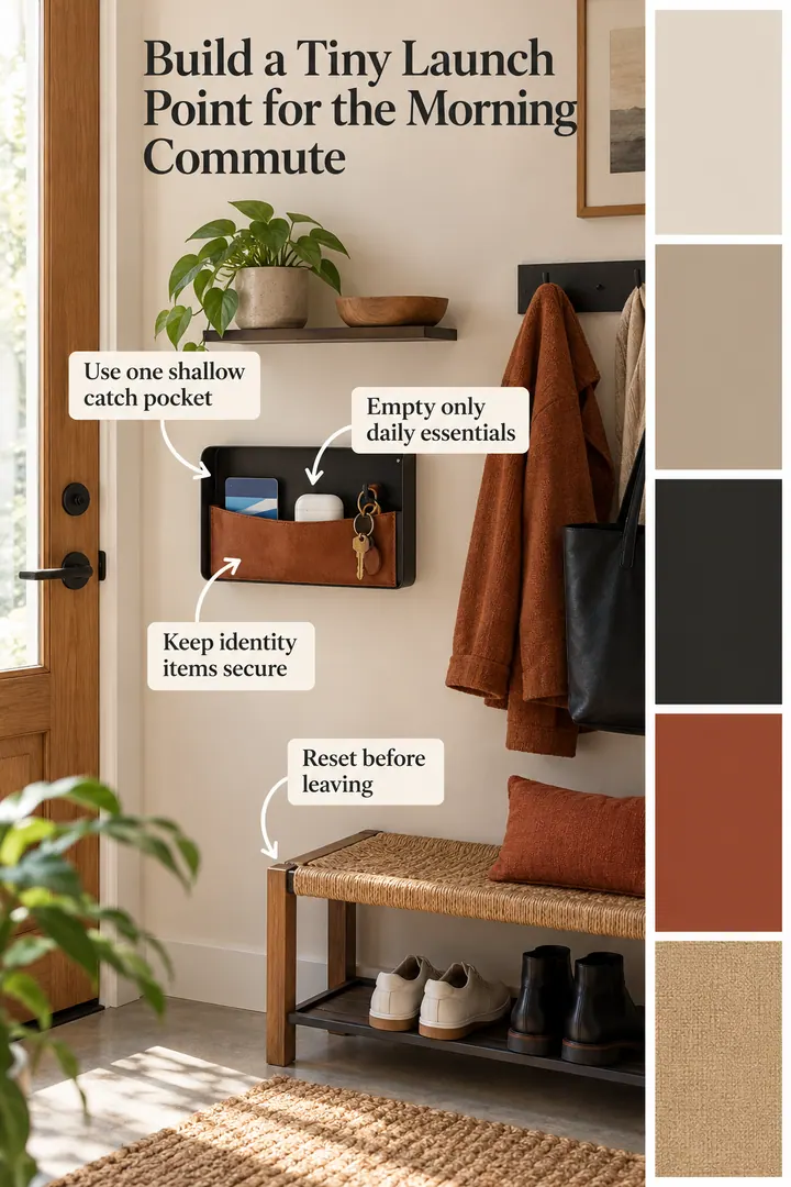 Color Palette Guide of entry transit card pocket in Micro entryway showing use one shallow catch pocket.