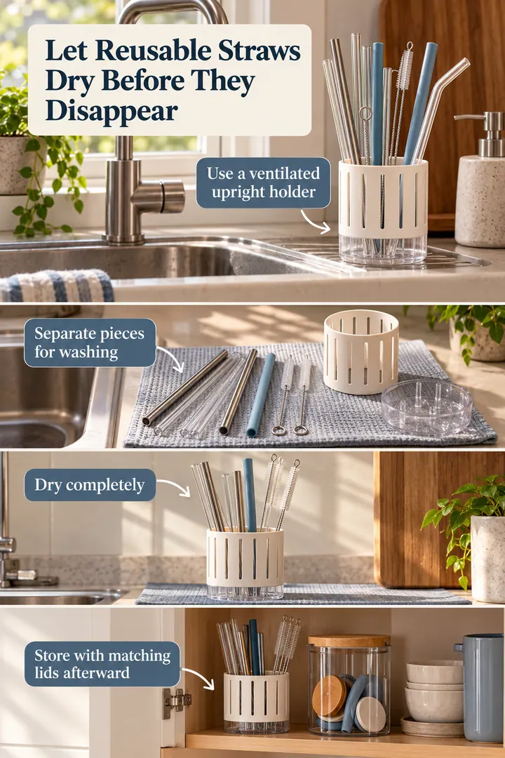 Room-by-Room Visual Guide of kitchen reusable straw drying cup in Kitchen sink ledge showing use a ventilated upright holder.