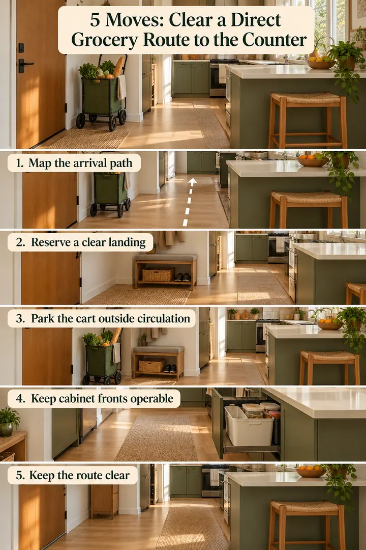 Numbered Ideas Infographic of kitchen step free grocery route in Apartment kitchen entry showing map the arrival path.