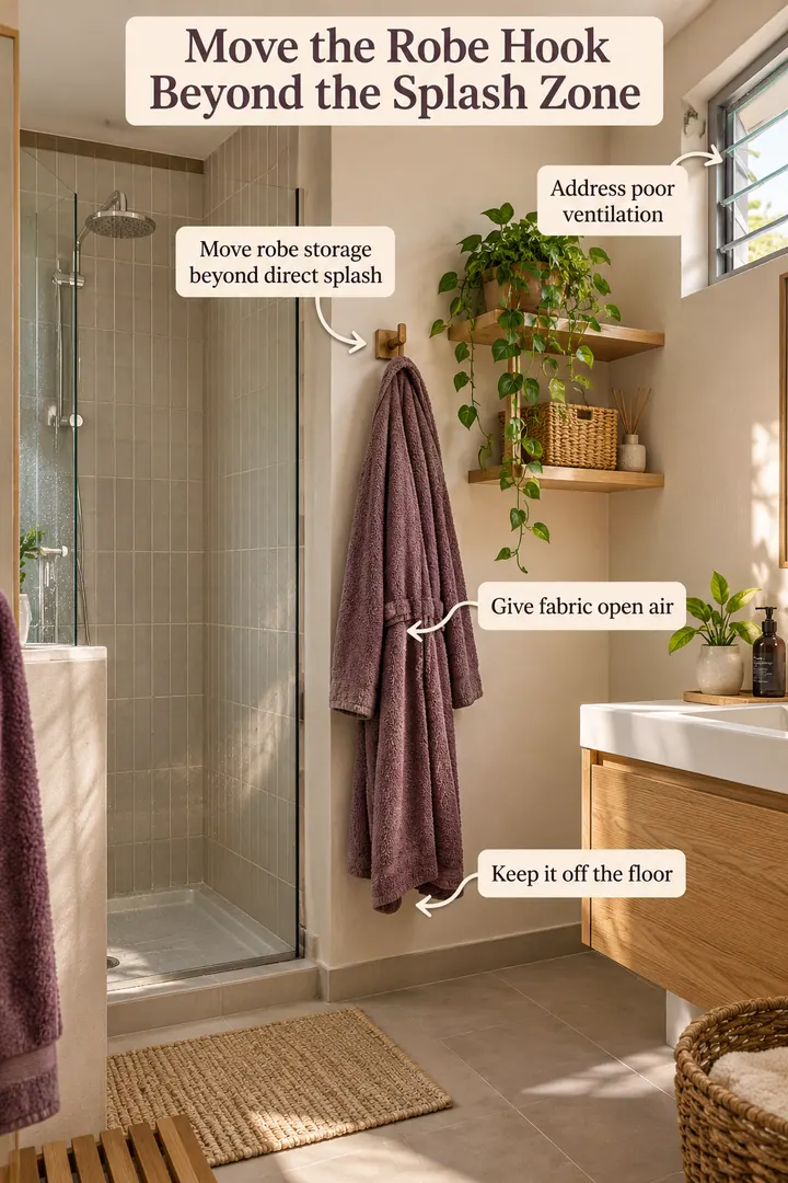 Annotated Educational Photo of bathroom robe drying position in Compact bathroom showing move robe storage beyond direct splash.