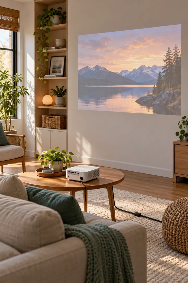 Detail/Lifestyle Photo of living room projector clear wall in Small living room showing reserve one calm wall section.