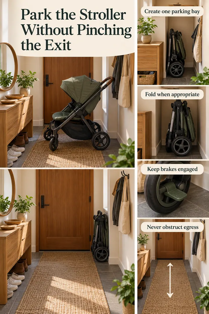 Editorial Educational Collage of entry stroller turning bay in Apartment foyer showing create one parking bay.