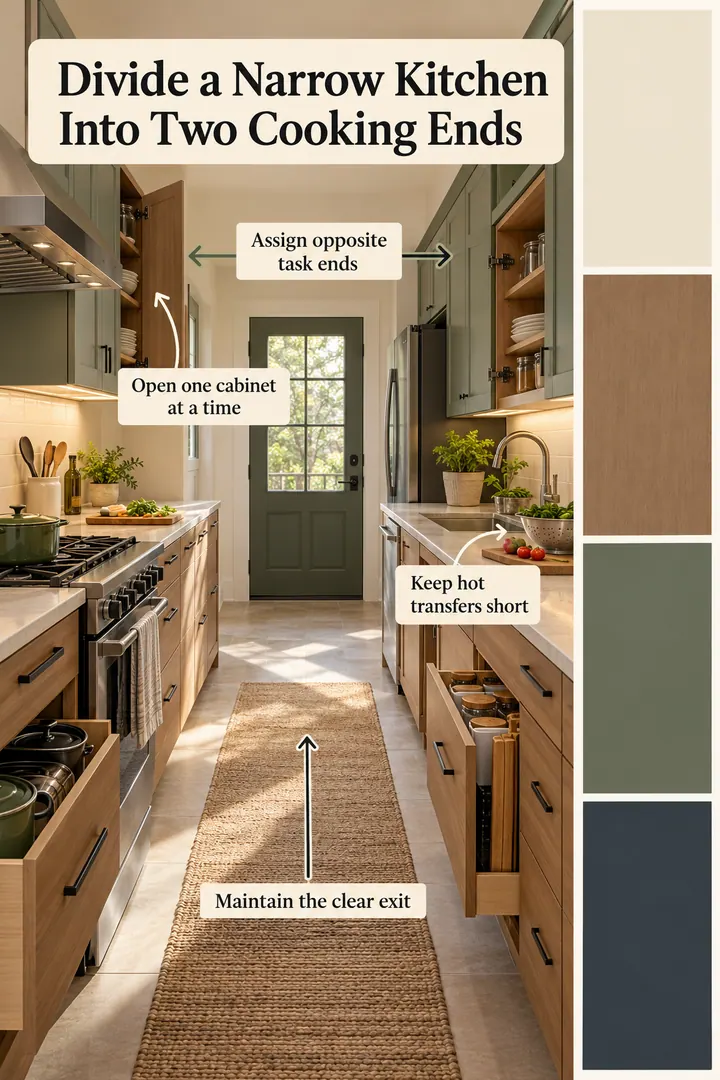 Color Palette Guide of galley kitchen two cook passing plan in Galley kitchen showing assign opposite task ends.