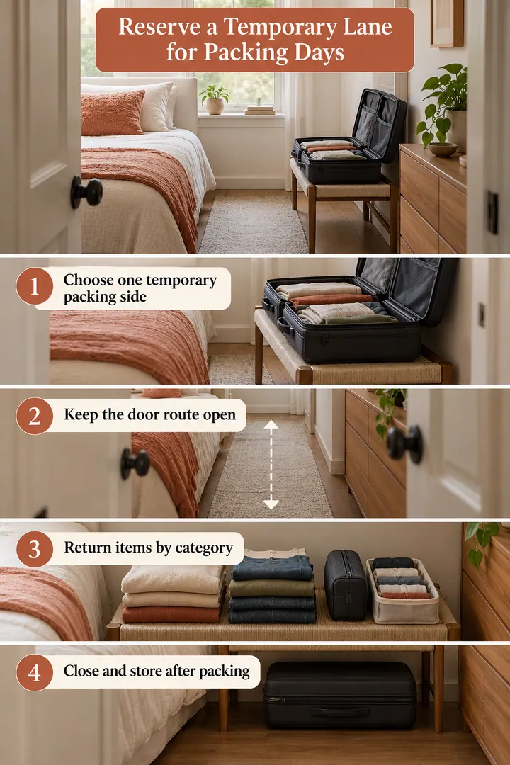 Room-by-Room Visual Guide of bedroom suitcase packing lane in Small bedroom showing choose one temporary packing side.
