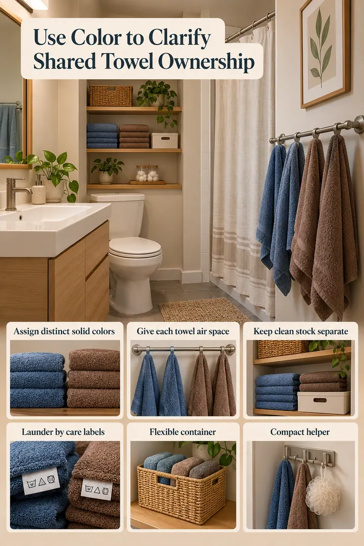 Budget Decor Catalog of windowless bath towel color zoning in Shared bathroom showing assign distinct solid colors.