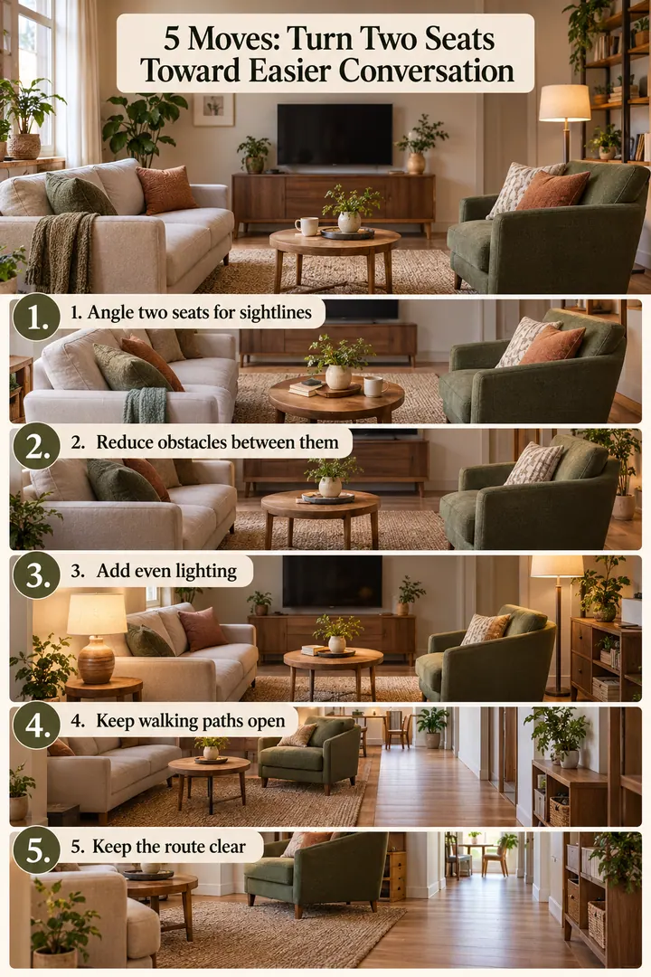 Numbered Ideas Infographic of living room hearing conversation layout in Compact lounge showing angle two seats for sightlines.