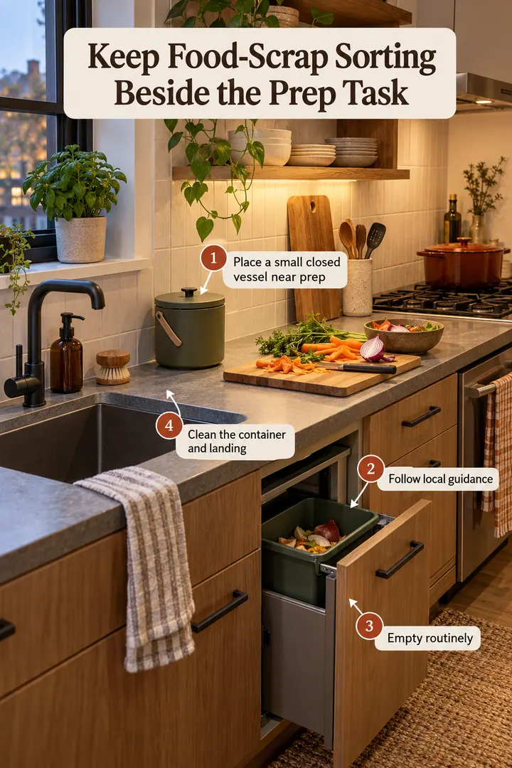 Annotated Educational Photo of kitchen counter compost workflow in Tiny kitchen showing place a small closed vessel near prep.