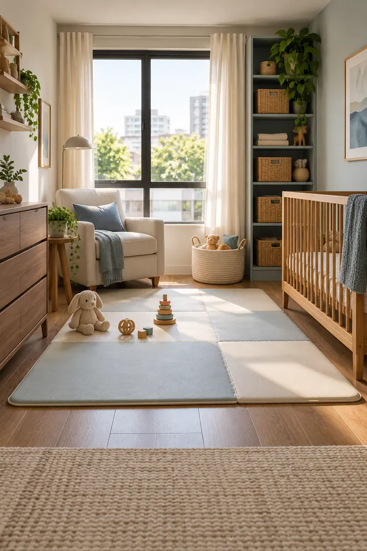 Clean Photo of nursery floor play perimeter in One-bedroom apartment showing define a clear play mat.