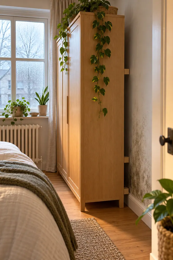 Detail/Lifestyle Photo of bedroom humid wall furniture gap in Cold-climate rental bedroom showing investigate moisture sources.