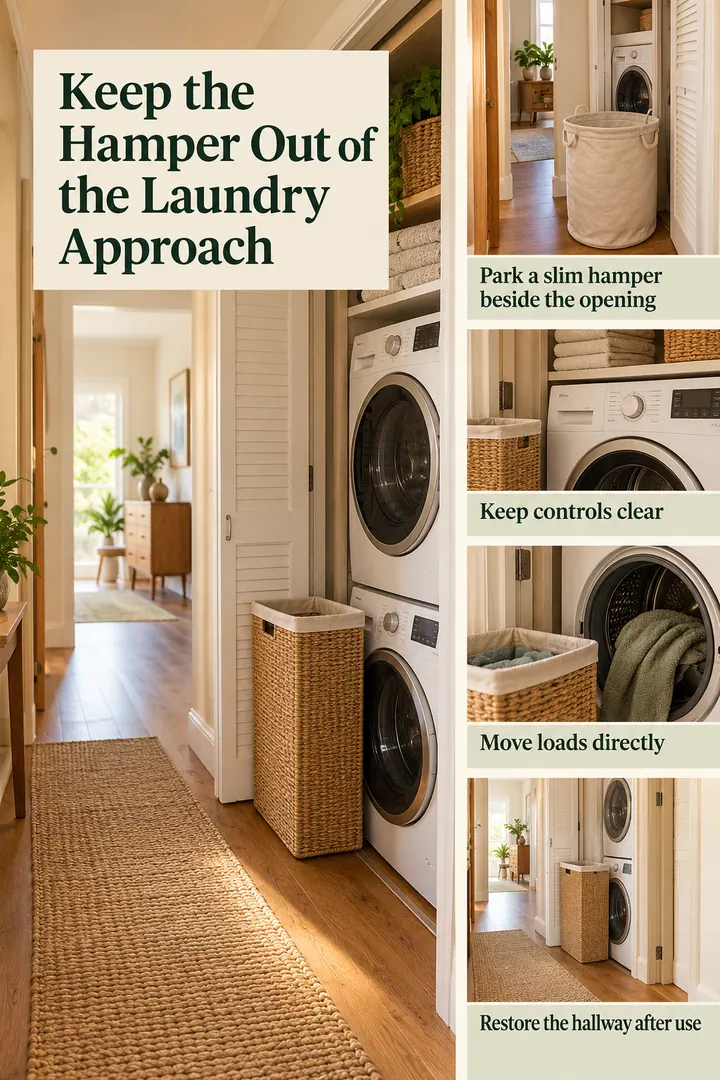 Editorial Educational Collage of laundry hamper washer approach in Hallway laundry closet showing park a slim hamper beside the opening.