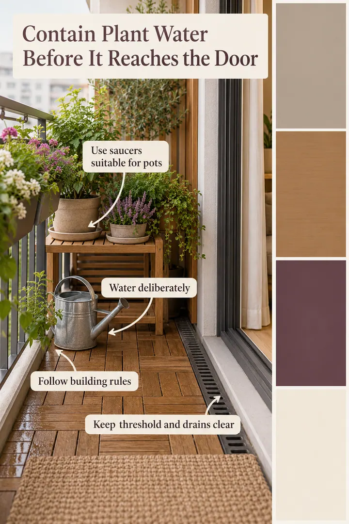 Color Palette Guide of balcony watering drain route in Small balcony showing use saucers suitable for pots.