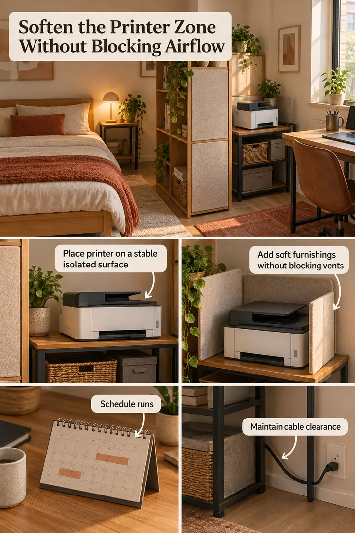 Room-by-Room Visual Guide of home office printer noise buffer in Shared studio showing place printer on a stable isolated surface.