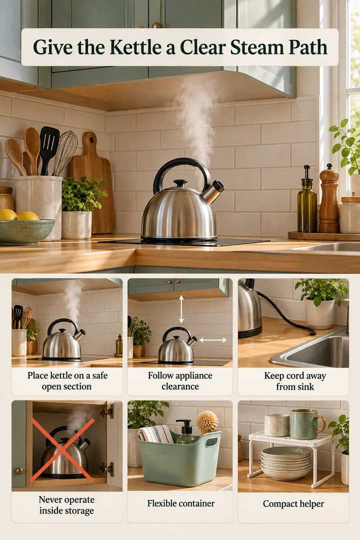 Budget Decor Catalog of kitchen kettle steam clearance in Compact kitchen showing place kettle on a safe open section.