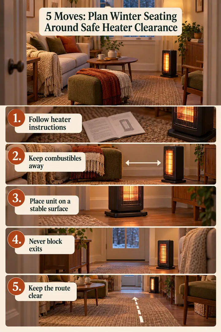Numbered Ideas Infographic of living room heater furniture plan in Small cold-climate lounge showing follow heater instructions.