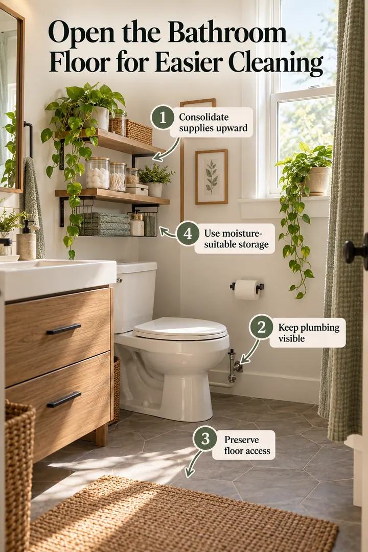 Annotated Educational Photo of bathroom cleaning access floor plan in Tiny bathroom showing consolidate supplies upward.