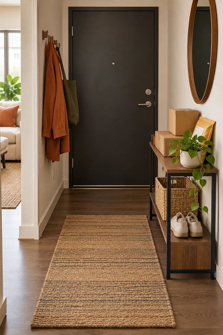 Clean Photo of entry delivery handoff zone in Apartment entry showing choose a shallow temporary landing.