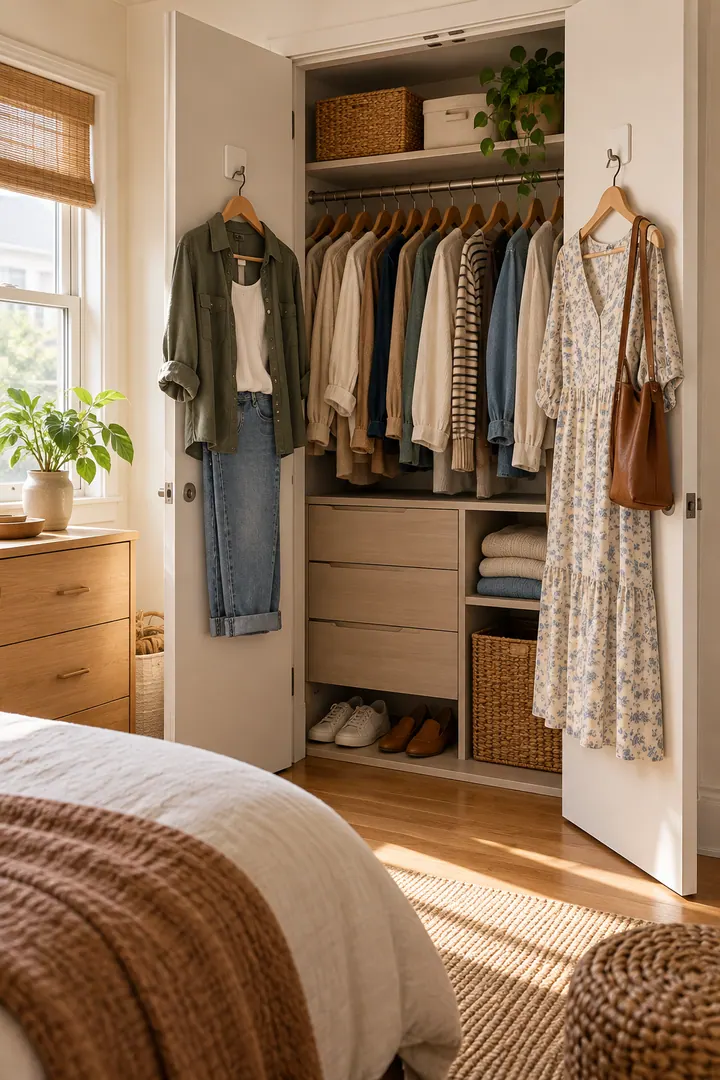 Detail/Lifestyle Photo of adhesive closet outfit hooks in Rental wardrobe interior showing confirm approved surface.