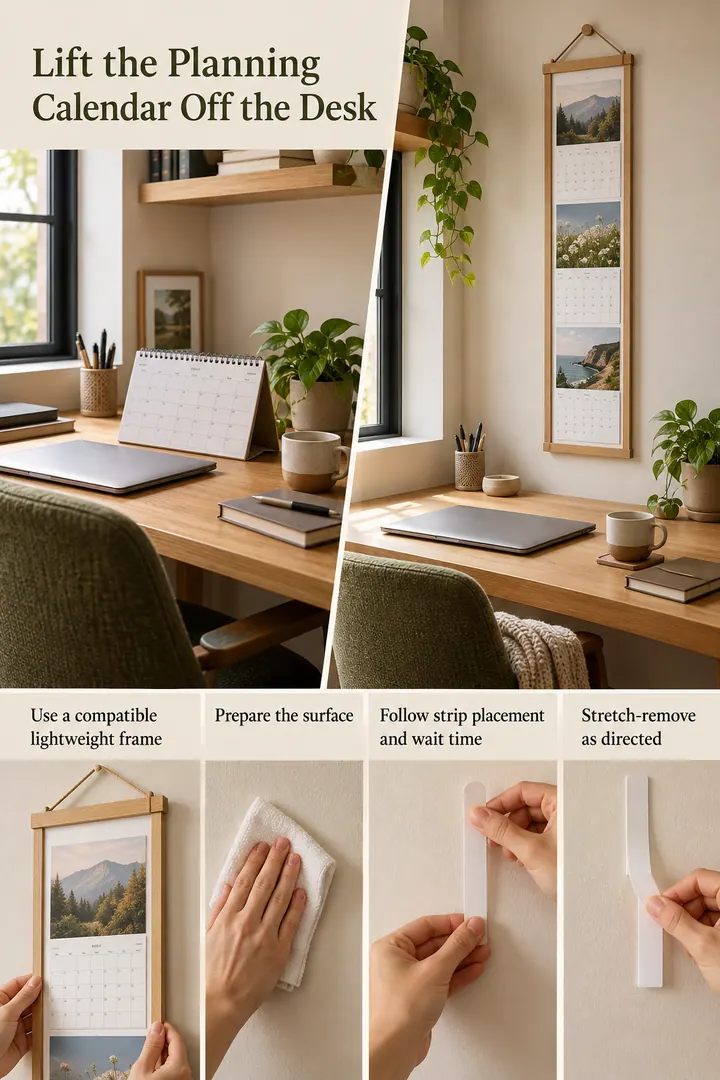 Editorial Educational Collage of picture strip lightweight calendar frame in Rental home office showing use a compatible lightweight frame.