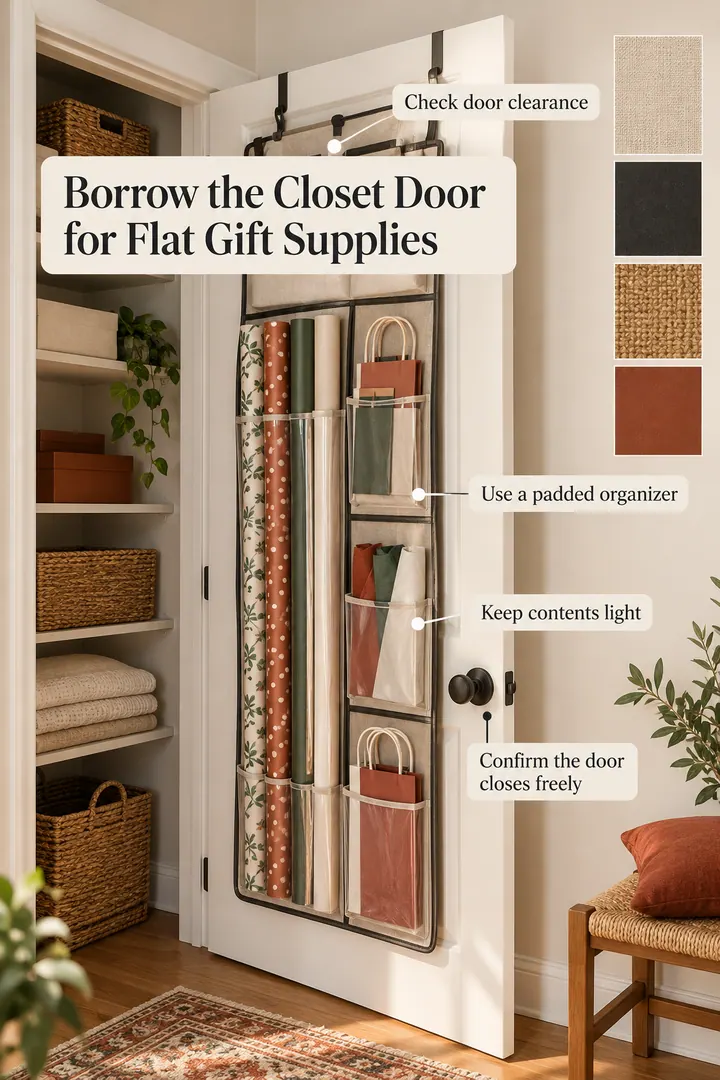 Color Palette Guide of over door wrapping paper pockets in Rental hall closet showing check door clearance.