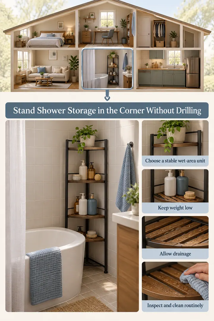 Room-by-Room Visual Guide of freestanding bath corner shelf in Rental bathroom showing choose a stable wet-area unit.