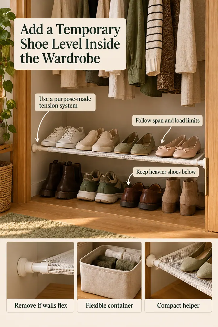 Budget Decor Catalog of tension rod closet shoe shelf in Rental wardrobe showing use a purpose-made tension system.