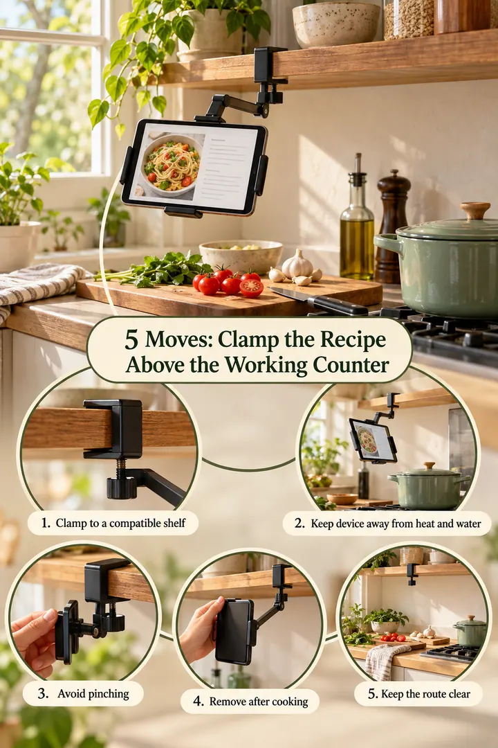 Numbered Ideas Infographic of clamp on kitchen recipe holder in Rental kitchen showing clamp to a compatible shelf.