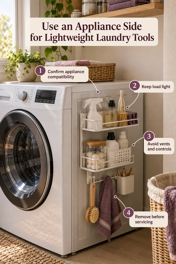 Annotated Educational Photo of magnetic washing machine side caddy in Rental laundry nook showing confirm appliance compatibility.