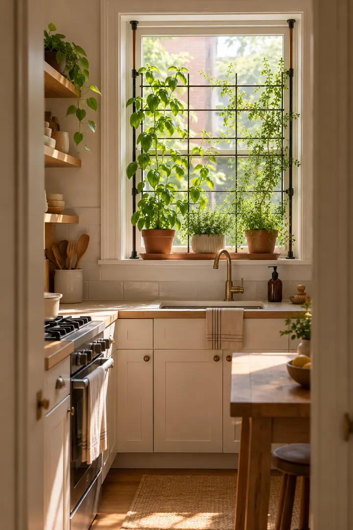 Clean Photo of removable window herb trellis in Rental kitchen window showing use a lease-compatible removable support.
