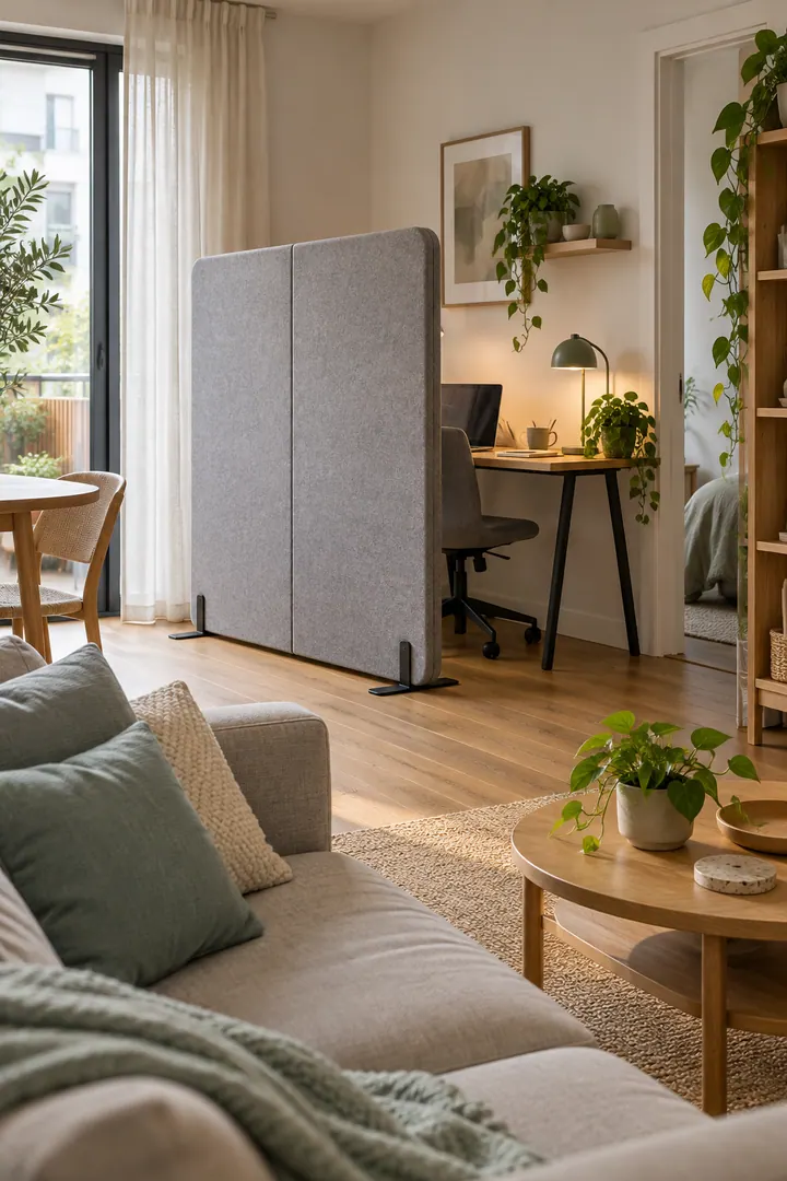 Detail/Lifestyle Photo of freestanding acoustic desk screen in Shared rental living room showing choose a stable desk-mounted or freestanding screen.