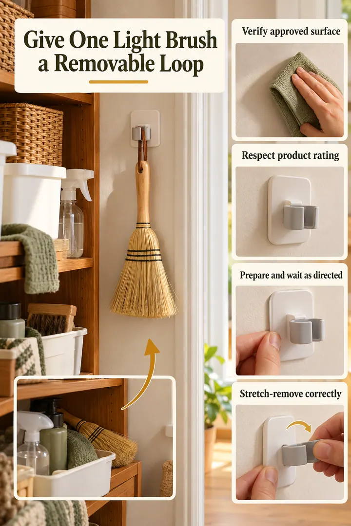 Editorial Educational Collage of adhesive light broom loop in Rental utility nook showing verify approved surface.