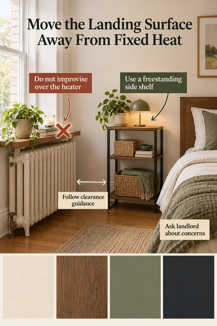 Color Palette Guide of over radiator shelf alternative in Rental bedroom showing do not improvise over the heater.