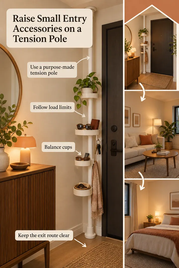 Room-by-Room Visual Guide of compression pole entry accessory cups in Rental entry showing use a purpose-made tension pole.