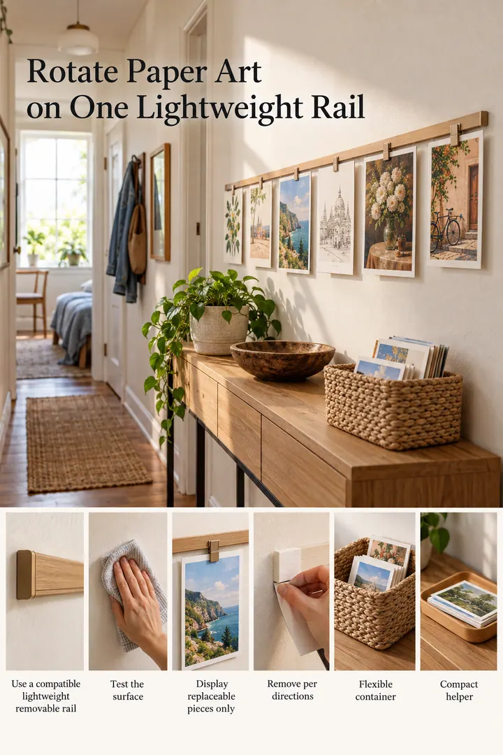 Budget Decor Catalog of removable art postcard rail in Rental hallway showing use a compatible lightweight removable rail.