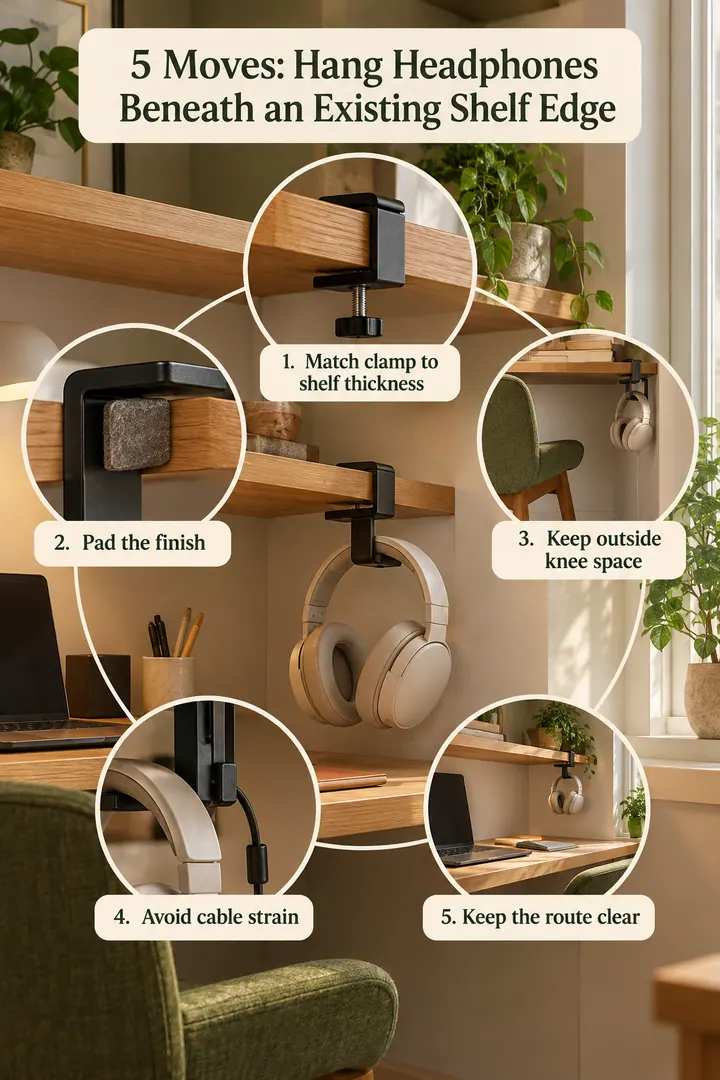 Numbered Ideas Infographic of clamp headphone arm under shelf in Rental desk nook showing match clamp to shelf thickness.